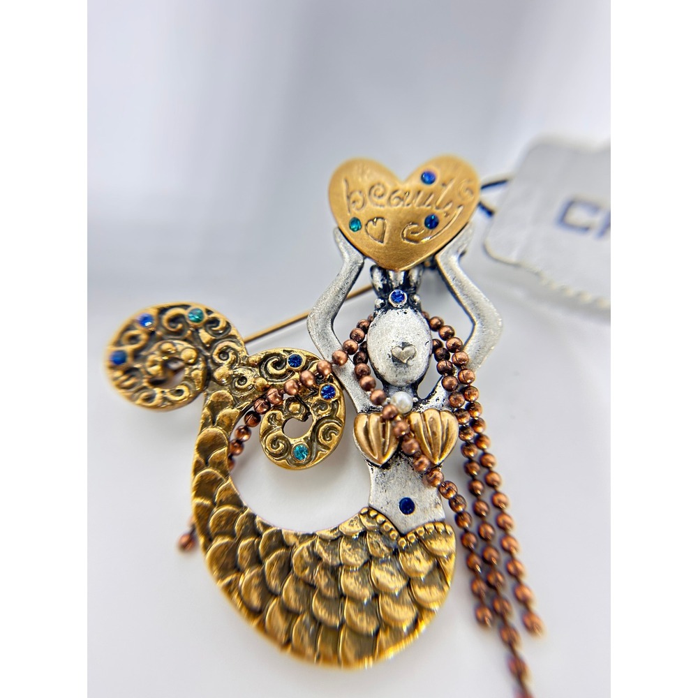 Chico's Mermaid Brooch Women OS Gold Silver Good Rhinestone Beaded Heart Beauty